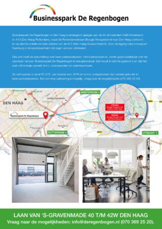 Promotieposter van Businesspark De Regenbogen in Den Haag met locatiekaart, bedrijfsinformatie en foto's van de units aan de Laan van ‘s-Gravenmade.